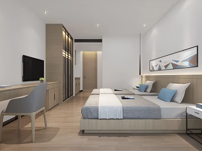 Modern Apartment Bedroom Interior With Bed TV Desk Chair And Decorative Painting 3d model