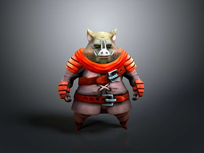Boar 3D Character Model Wearing Orange Armor With Yellow Horns And Chubby Body 3d model
