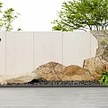 Outdoor Landscape Wall Featuring Mountain Stone Texture Red Chinese Characters Green Plants And Pebbles