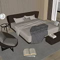 Modern Double Bed with Upholstered Headboard Gray Bedding Accent Chair Footstool and Wooden Floor