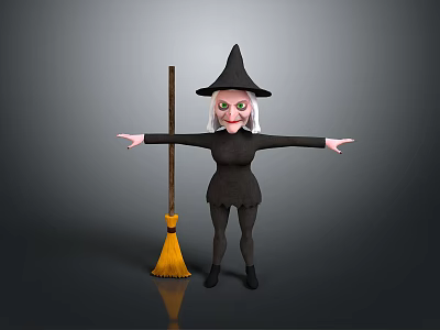 Man In Witch Costume With Black Hat Open Arms And Yellow Broom 3d model