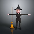 Man In Witch Costume With Black Hat Open Arms And Yellow Broom