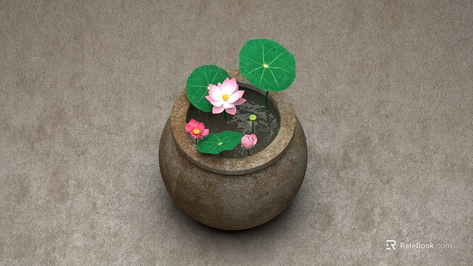 Pink Lotus Bonsai Plant in Clay Pot with Green Leaves Water on Textured Gray Background 3d model 