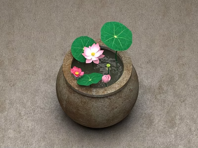 Pink Lotus Bonsai Plant in Clay Pot with Green Leaves Water on Textured Gray Background 3d model