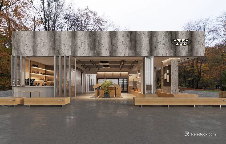 Modern Cafe Exterior With Wooden Structure Open Entrance Bar Counter And Natural Surroundings 3d model 
