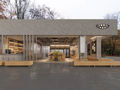 Modern Cafe Exterior With Wooden Structure Open Entrance Bar Counter And Natural Surroundings 3d model