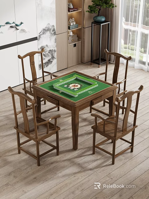 Traditional Mahjong Table And Chairs Set With Green Surface And Four Wooden Chairs 3d model 