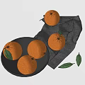 Fresh Ripe Oranges in Black Bowl with Gray Cloth and Green Leaves