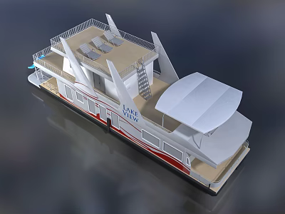 Modern Lakeside Houseboat With Open Deck Canopy Seating White Red Exterior 3d model