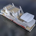 Modern Lakeside Houseboat With Open Deck Canopy Seating White Red Exterior