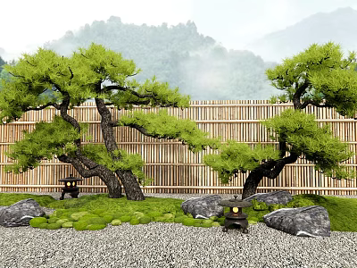Evergreen Trees In Traditional Garden With Bamboo Fence Rocks Moss Stone Lanterns And Misty Mountains 3d model