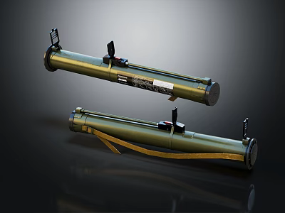 Two Green Military Rocket Launchers With Tubular Body Black Attachments And Yellow Straps 3d model