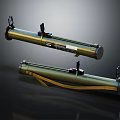 Two Green Military Rocket Launchers With Tubular Body Black Attachments And Yellow Straps