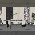Modern Restaurant Interior With Dining Table Chairs Artwork Plants And Wine Cabinet