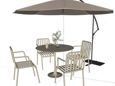 Stylish Landscape Seats in Outdoor Patio with Round Table Metal Frame Umbrella and Flower Vase 3d model