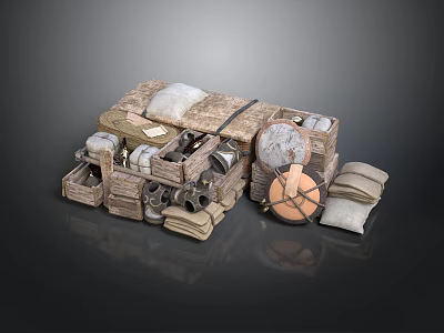 Ancient Carriage Components 3D Model With Wooden Crates Wheels Cloths And Scrolls 3d model
