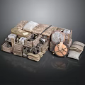 Ancient Carriage Components 3D Model With Wooden Crates Wheels Cloths And Scrolls