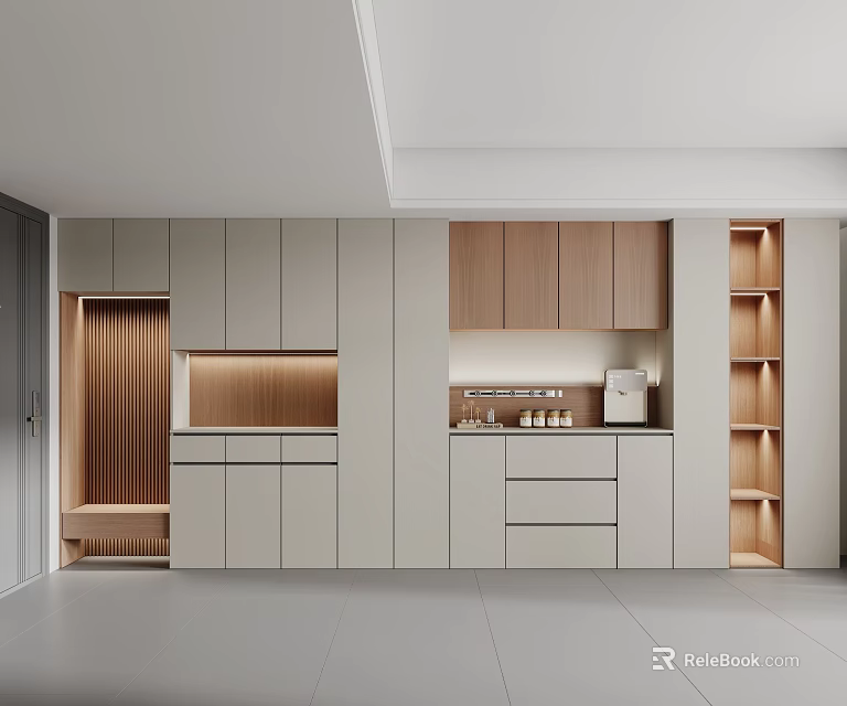 Modern Entryway Cabinet And Side Cabinet With Light Gray Wooden Storage And Open Shelves 3d model 