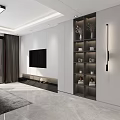 Modern Living Dining Room Interior Design With TV Wall Open Shelves And Marble Floor