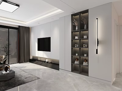 Modern Living Dining Room Interior Design With TV Wall Open Shelves And Marble Floor 3d model