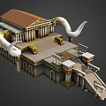 Ancient Architecture With Ornate Golden Details Large White Horn Like Structures And Columns
