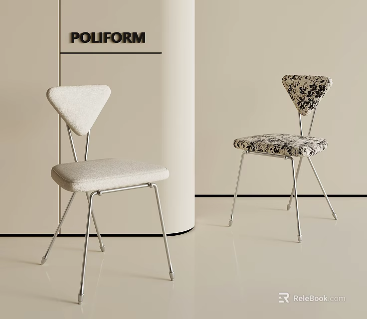 Modern Stylish Dining Chairs With Triangular Backrest Light Colored Fabric And Patterned Seat Metal Legs 3d model