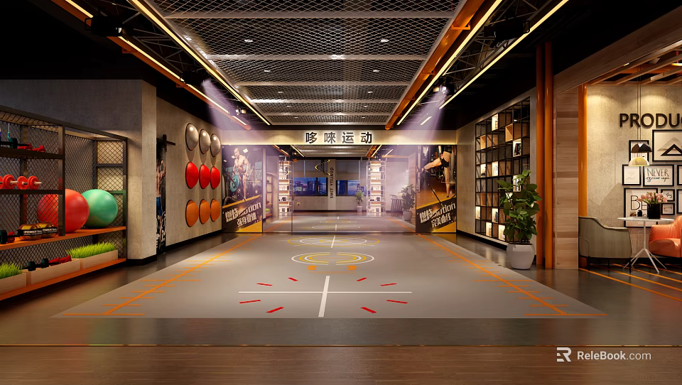 Modern Indoor Fitness Gym With Basketball Court Workout Equipment And Storage Cabinets 3d model 