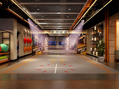 Modern Indoor Fitness Gym With Basketball Court Workout Equipment And Storage Cabinets 3d model