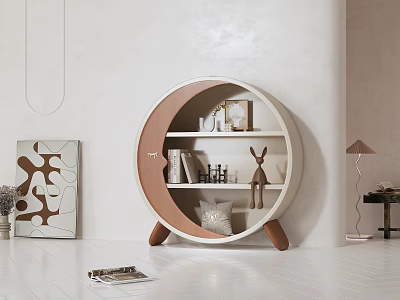 Modern Circular Decorative Cabinet with Wooden White Design and Bookshelf Deer Figurine Decor 3d model