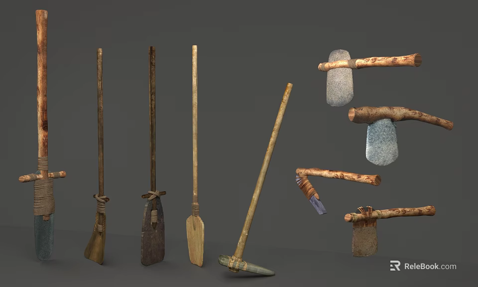 Various Ancient Hand Tools Featuring Wooden Handles And Stone Heads 3d model