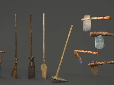Various Ancient Hand Tools Featuring Wooden Handles And Stone Heads 3d model
