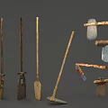 Various Ancient Hand Tools Featuring Wooden Handles And Stone Heads 3d model