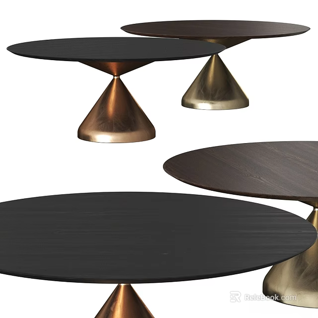 Modern Round Dining Table With Conical Brass Copper Bases And Dark Wooden Tabletop 3d model 