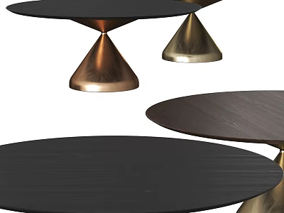 Modern Round Dining Table With Conical Brass Copper Bases And Dark Wooden Tabletop 3d model