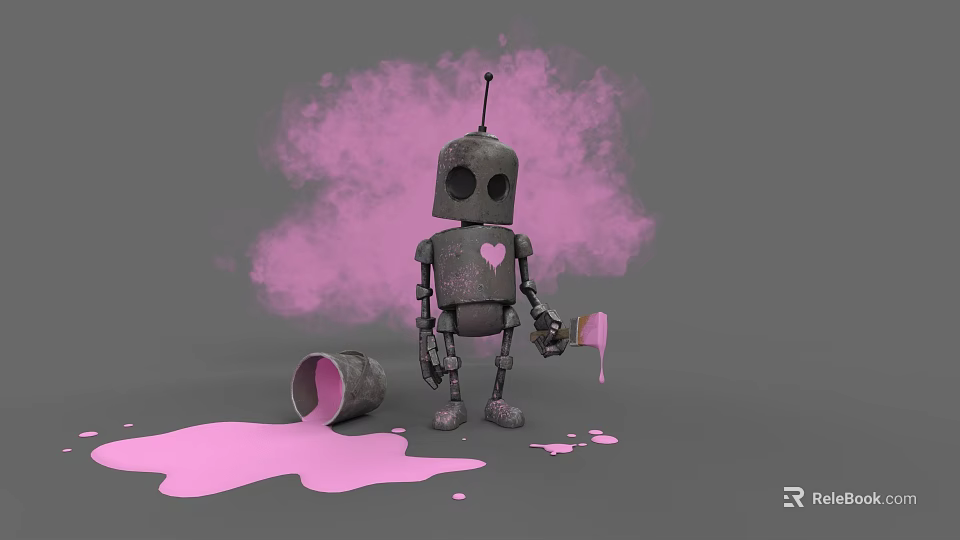 Game And Movie Character Robot Holding Paintbrush With Spilled Pink Paint And Heart Design 3d model 