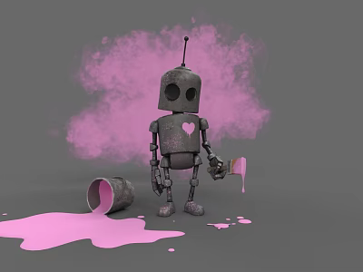 Game And Movie Character Robot Holding Paintbrush With Spilled Pink Paint And Heart Design 3d model