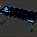 Black Gaming Desk With Blue LED Light Dragon Design Flame Edges And Metal Legs