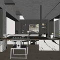 Modern Dining and Living Room Interior With Marble Dining Table Chairs Shelves And Green Plants