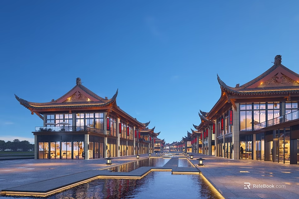Traditional Chinese Commercial Street With Pagoda Style Roofs Reflective Water Pool And Evening Luminous Scene 3d model 