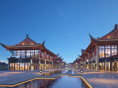 Traditional Chinese Commercial Street With Pagoda Style Roofs Reflective Water Pool And Evening Luminous Scene 3d model