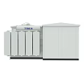 Industrial Electrical Transformer With Gray Enclosure Cooling Fins And Warning Labels