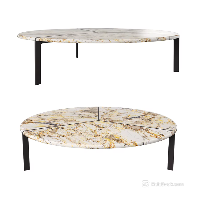 Modern Round Coffee Table With Patterned Marble Top And Black Metal Legs 3d model 