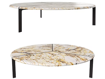Modern Round Coffee Table With Patterned Marble Top And Black Metal Legs 3d model