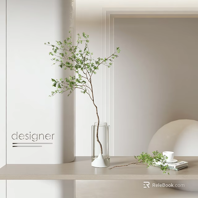 Elegant Modern Transparent Glass Vase Holding Green Branches On Light Wooden Table With Small Items 3d model 