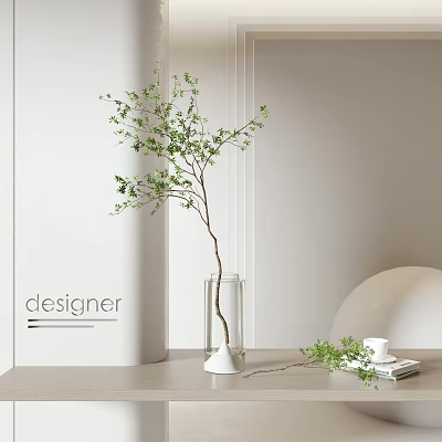 Elegant Modern Transparent Glass Vase Holding Green Branches On Light Wooden Table With Small Items 3d model
