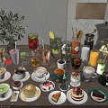 Assorted Coffee Drinks And Desserts With Fresh Fruit Garnishes On Wooden Table