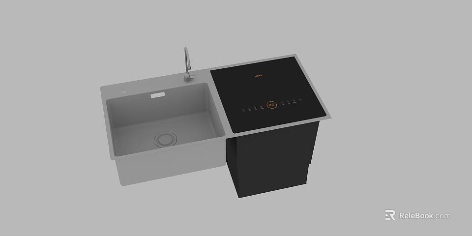 Stainless Steel Kitchen Sink With Integrated Black Induction Cooktop And Faucet 3d model 