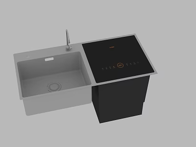 Stainless Steel Kitchen Sink With Integrated Black Induction Cooktop And Faucet 3d model