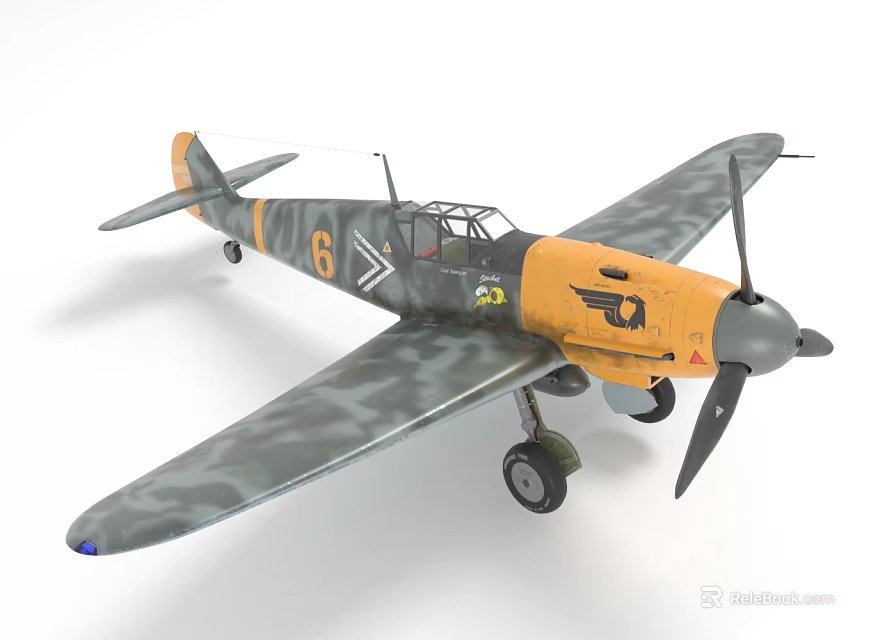 Vintage Fighter Jet With Yellow Fuselage Camouflage Wings Number 6 Marking And Propeller 3d model 