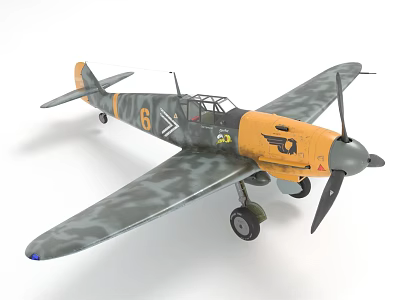 Vintage Fighter Jet With Yellow Fuselage Camouflage Wings Number 6 Marking And Propeller 3d model